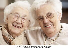 två, senior women, vänner, hos, dagomsorg, centrera