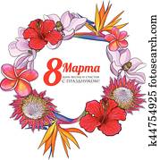 Womens day, 8 March greeting card design with tropical flowers