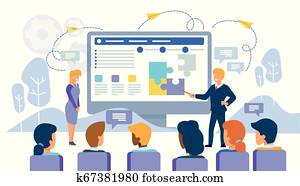 עסק, חנוך, הצגה, עם, עובדים, בחוץ