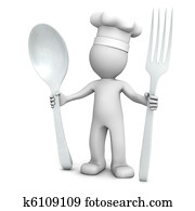 3d, טבח, עם, כף, ו, מזלג