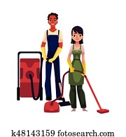 Cleaning service workers, man, woman, in overalls using vacuum cleaners