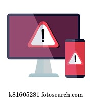computer and smartphone with warning notification icon computer and smartphone with warning notification icon