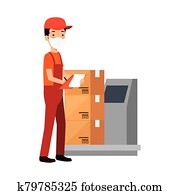 delivery worker using face mask with boxes carton in weighing machine