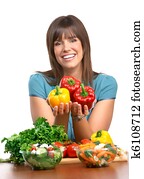 kvinde, grønsager, og, frugter