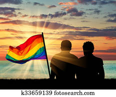 sylwetka, od, dwa, weseli mężczyźni