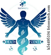 vector, grafisch, illustratie, van, sterke, mannelijke, depicted, als, dna, symbool, voortzetting, en, gecreëerde, met, wireframe, aansluitingen, en, vogel, wings., biomedical, techniek, concept.