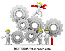 werkmannen, team, met, tandwiel, mechanisme