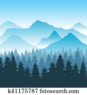Abstract hiking adventure vector background with mountain and forest