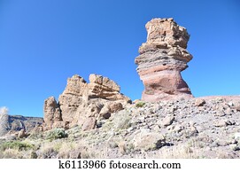 The famous Finger Of God rock formation and Teide volcano. Tenerife island, Canaries 