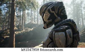 a, צבא, אסטרונאוט, is, לחכות, ל, a, הצל, חללית, ב, a, אבד, planet., דוגמה, ל, fantasy,, עתידי, או, רווח מטייל, backgrounds., 3d, rendering.