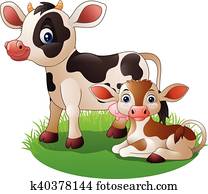Cartoon cow with newborn calf Cartoon cow with newborn calf