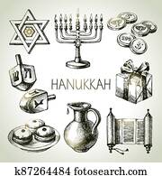 Hand drawn sketch Hanukkah elements set. Israel festival objects and symbols. Vector illustration Hand drawn sketch Hanukkah elements set. Israel festival objects and symbols. Vector illustration