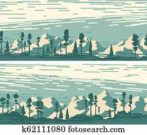 Set of horizontal banners with snowy forest mountains. Set of horizontal banners with snowy forest mountains.