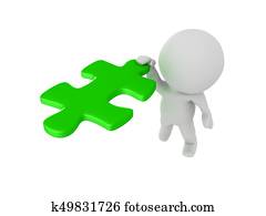 3D Character clinging onto flying green puzzle piece 3D Character clinging onto flying green puzzle piece