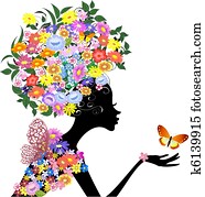 flower woman in profile with a butterfly