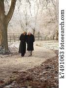 senior couple, prostredníctvom, zima, túra, vďaka, mrazivý, krajina