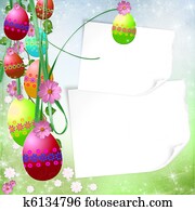 Spring or Easter background with Colorful easter eggs and flowers hanging on ribbons Spring or Easter background with Colorful easter eggs and flowers hanging on ribbons