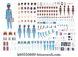 afrikanische amerikanische frau, rettungshelfer, oder, krankenschwester, constructor., satz, von, frau, koerper, details, gesten, scheuert, freigestellt, weiß, hintergrund., front, seite, und, back, views., flache, karikatur, vektor, illustration.