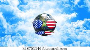 Planet Earth With Sunglasses and Mustaches. United States of America Flag. Independence Day Concept 3D illustration Planet Earth With Sunglasses and Mustaches. United States of America Flag. Independence Day Concept 3D illustration