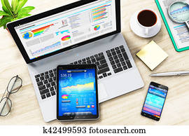 geschaefts, work:, laptop, tablette, und, smartphone, auf, büro, tisch