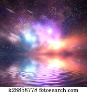 Ocean under galaxy sky. Stars, fantasy, water reflection Ocean under galaxy sky. Stars, fantasy, water reflection
