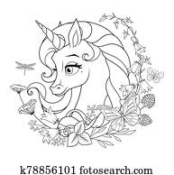 söt, magi, enhörning, omgiven, med, blomstrar, och, butterflies., kolorit, sida, vektor, illustration.