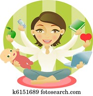 Woman with six arms very busy