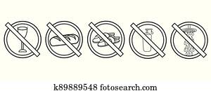 ציור, של, 5, איקון, symbols., של, איסורים, drinking,, eating,, ללבוש, עור, shoes,, להשתמש, קרם, ו, להתרחץ, ב, ה, shower., זה, הקפדה, is, התאמן, על ידי, יהודים, צום, ב, yom, kippur., העתק