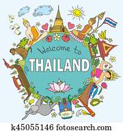 Thailand . Set Thai color vector icons and symbols , vector ill Thailand . Set Thai color vector icons and symbols , vector ill