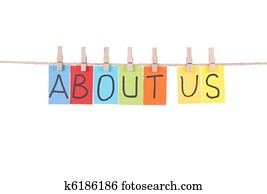 About us, words hang by wooden peg About us, words hang by wooden peg