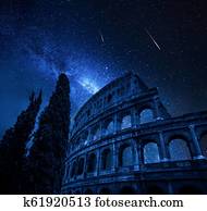 Colosseum in Rome with milky way and falling stars, Italy Colosseum in Rome with milky way and falling stars, Italy