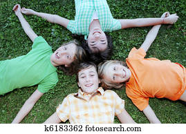 happy group of kids, at summer camp happy group of kids, at summer camp