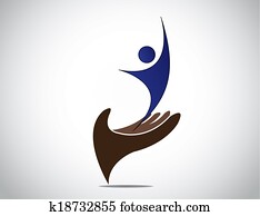 successful talent management of young person mand woman concept. happy young male or female silhouette expressing joy with both hands up from a protective hand providing safety art illustration
