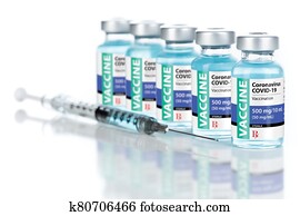 Coronavirus COVID-19 Vaccine Vials and Syringe On Reflective Surface Coronavirus COVID-19 Vaccine Vials and Syringe On Reflective Surface