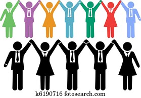 zakenlui, symbolen, holdingshanden, vieren