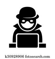 אלמוני, האקר, רגל, איקון, לחפש, ב, laptop., וקטור