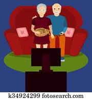 elderly couple, ostražitosť, televizia