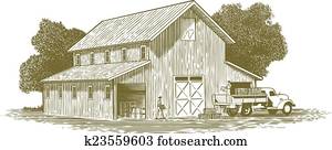holzschnitt, bauernhof, arbeit, szene holzschnitt, bauernhof, arbeit, szene