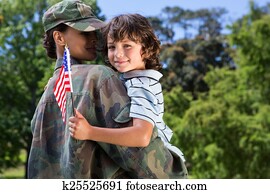 soldado, reunida, com, dela, filho