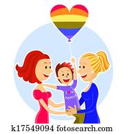 Young lesbian couple family with son. Vector illustration Young lesbian couple family with son. Vector illustration