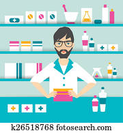 Young pharmacy chemist man standing in drugstore. Flat vector.