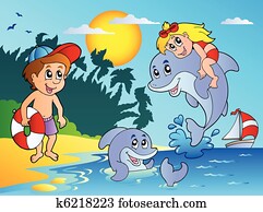 Summer beach with kids and dolphins