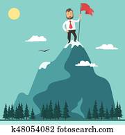 Businessman with flag on a Mountain peak, success Businessman with flag on a Mountain peak, success