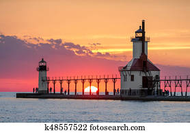 solstício, sundown, em, st., joseph, faróis