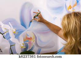 femininas, artista, quadro, phalaenopsis, orquídeas, ligado, lona, em, dela, estúdio