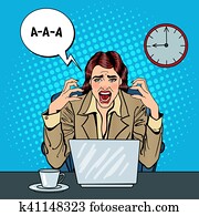 Pop Art Frustrated Stressed Business Woman Screaming at Multi Tasking Office Work. Vector illustration