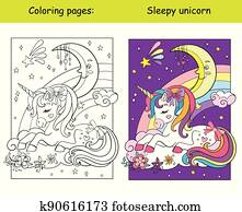 söt, sömnig, enhörning, lögnaktig, på, moln, kolorit, vektor, och, mall