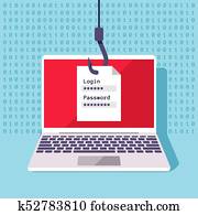 סיסמה, נתונים, phishing,, האקר, תקוף, מניעה, וקטור, מושג