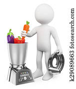 3D white people. Man cooking healthy in a food processor 3D white people. Man cooking healthy in a food processor