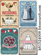 boda, y, matrimonio, celebración, vendimia, carteles